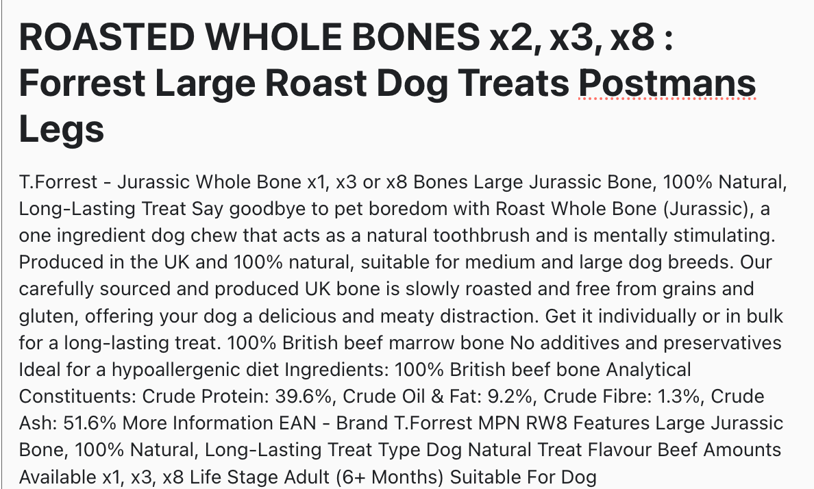 ROASTED WHOLE BONES X2, X3, X8 : Forrest Large Roast Dog Treats Postmans Legs