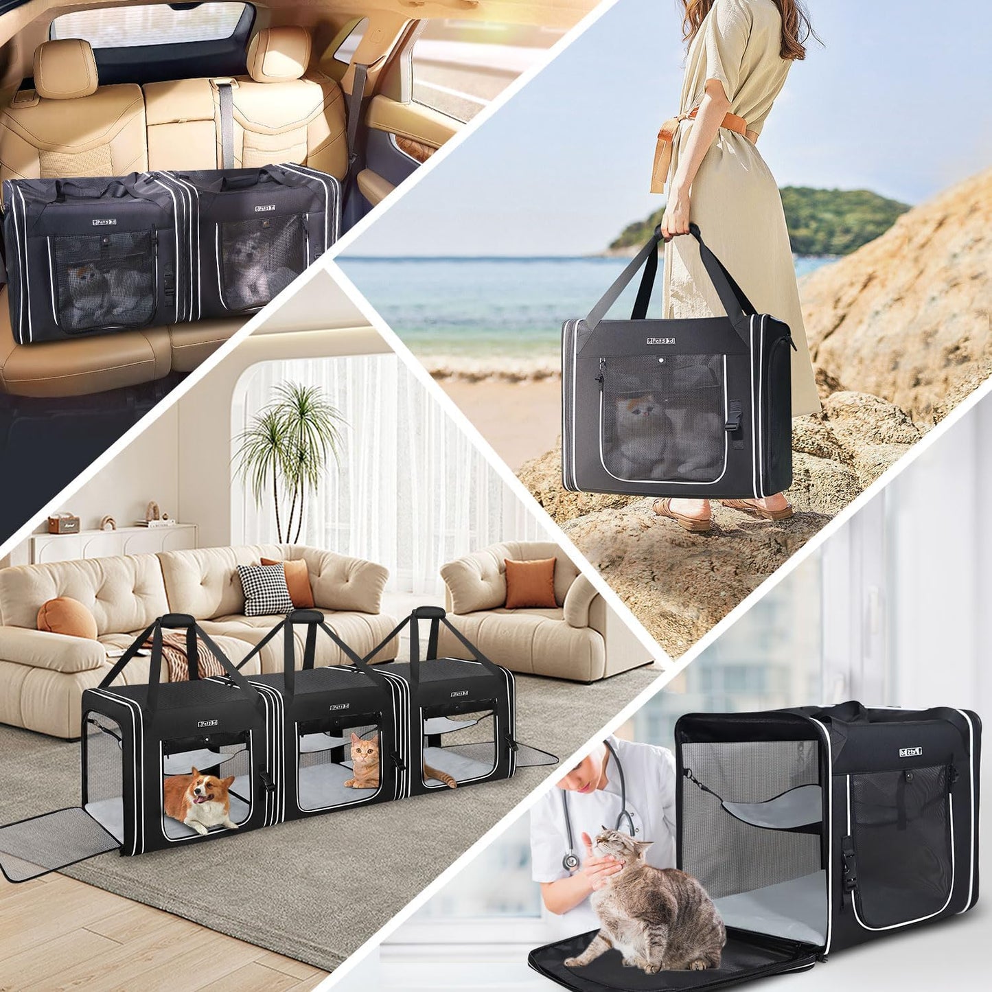 Combinable Pet Carrier for Large Cat or Medium Dog, 18"X17"X17" Large Cat Carrier for Car Travel, 2 Small Pet Soft Carriers with Food Bag, Bowl and Safety Locking Zippers for Vet, Camping