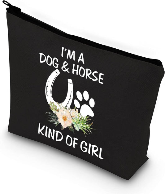Dog Lover Gifts Horse Makeup Bags for Women Teen Girls I'M a Dog and Horse Kind of Girl Paw Print Horseshoe Gift (Dog Horse Girl Blu)