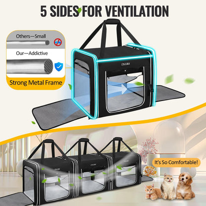 Combinable Pet Carrier for Large Cat or Medium Dog, 18"X17"X17" Large Cat Carrier for Car Travel, 2 Small Pet Soft Carriers with Food Bag, Bowl and Safety Locking Zippers for Vet, Camping