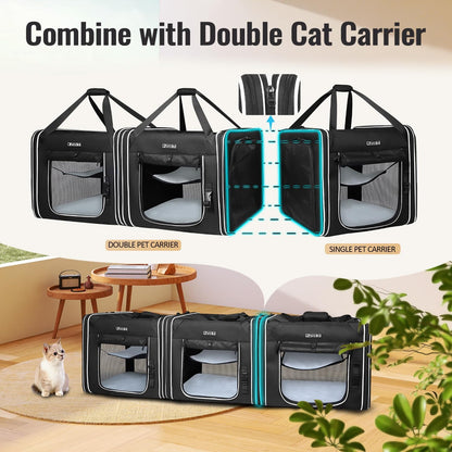 Combinable Pet Carrier for Large Cat or Medium Dog, 18"X17"X17" Large Cat Carrier for Car Travel, 2 Small Pet Soft Carriers with Food Bag, Bowl and Safety Locking Zippers for Vet, Camping
