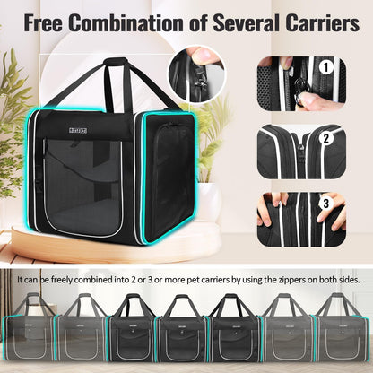 Combinable Pet Carrier for Large Cat or Medium Dog, 18"X17"X17" Large Cat Carrier for Car Travel, 2 Small Pet Soft Carriers with Food Bag, Bowl and Safety Locking Zippers for Vet, Camping
